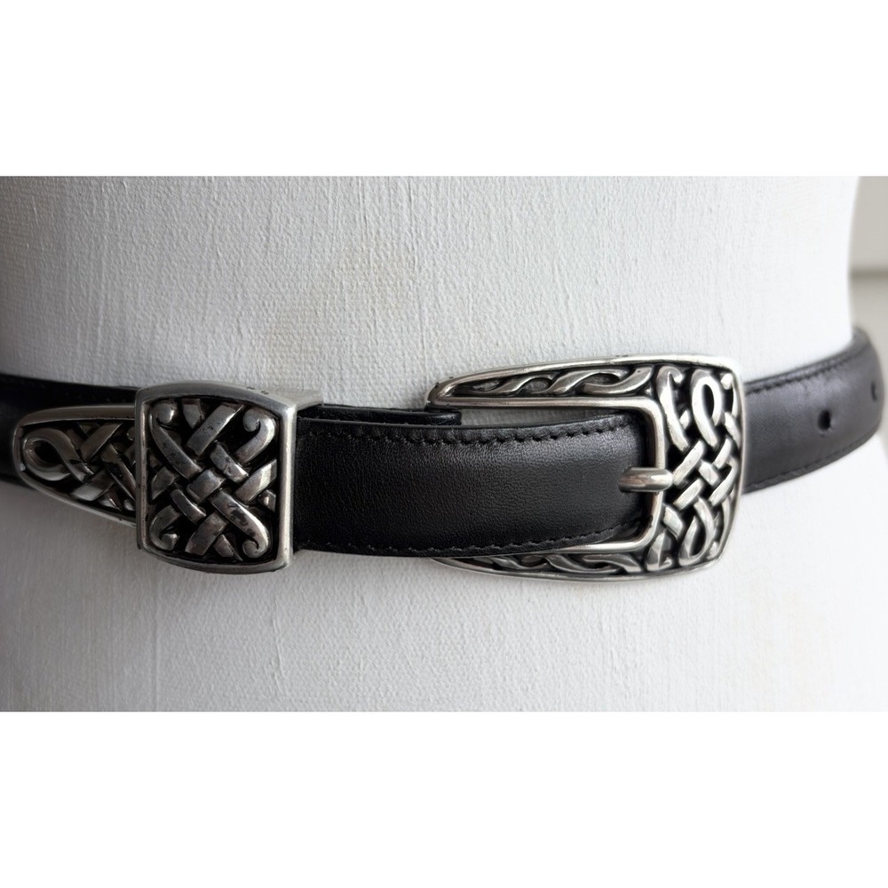 VTG 1995 Brighton Black Leather Belt S 32" Celtic Knot Silver Tone USA Made Goth